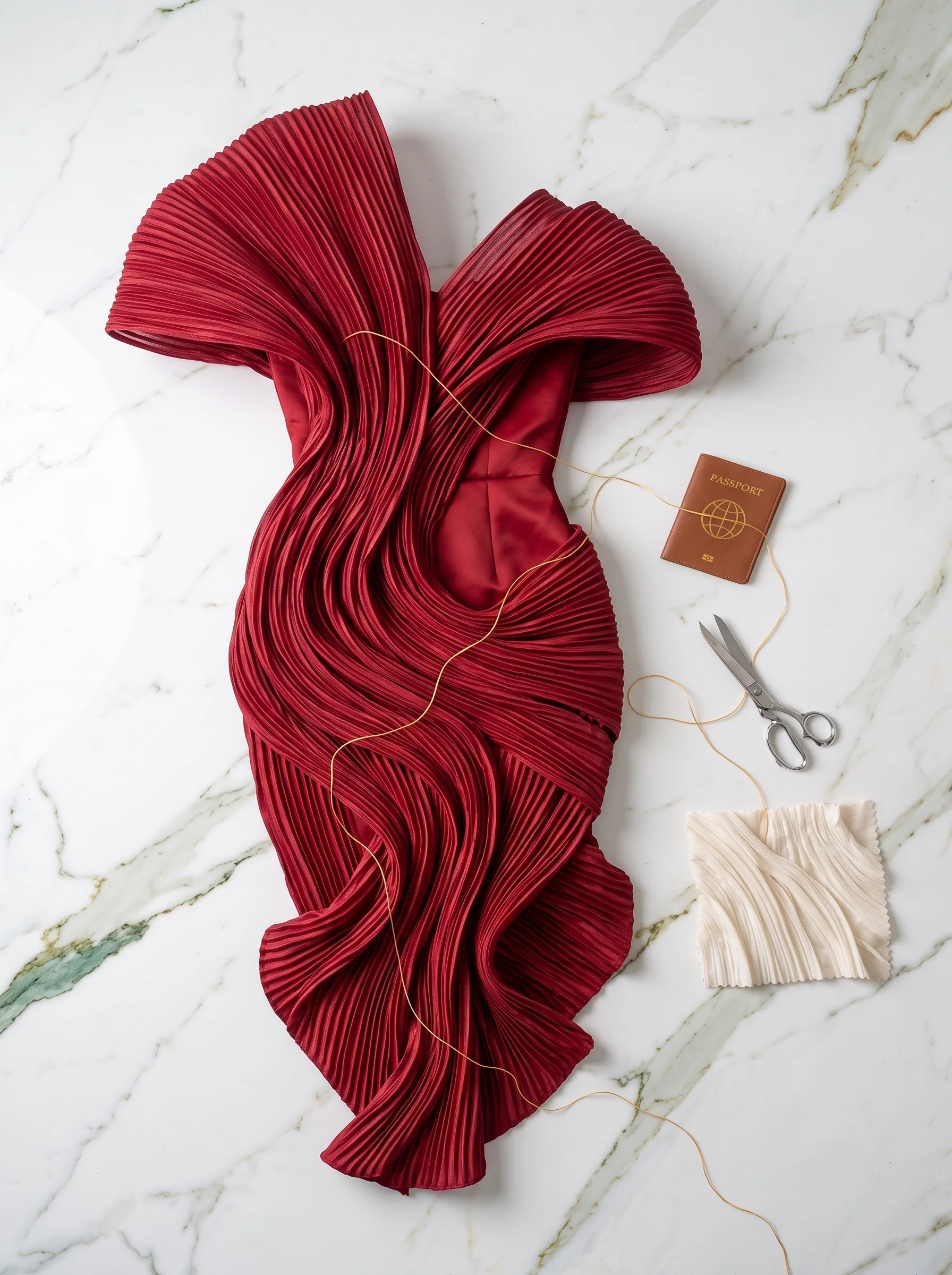 Crimson pleated gown laid out with scissors, thread and a passport