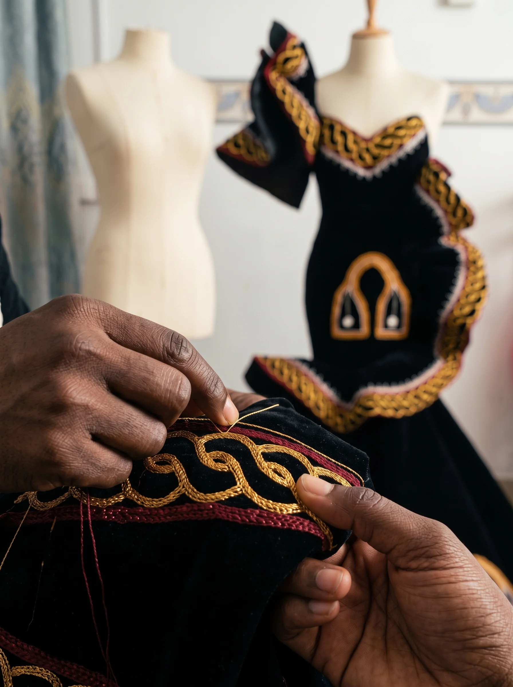 Hands sewing gold and red embroidery onto a black gown