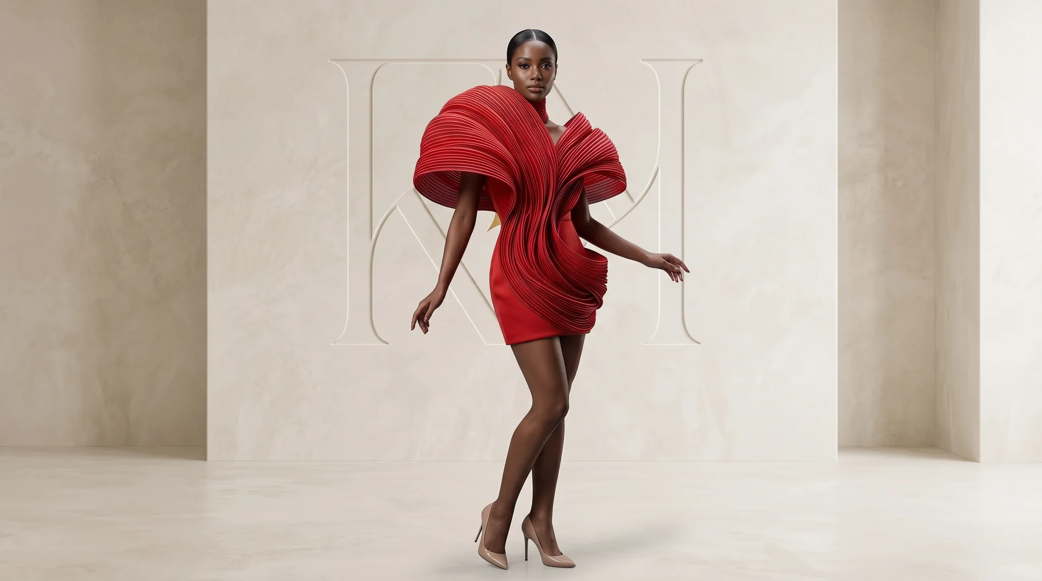 A model mid-pose in a sculptural crimson Kolo mini dress, the Kolo monogram behind her